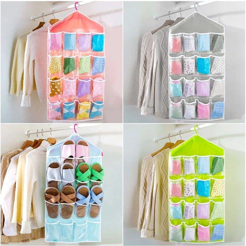 16-Pocket Multifunctional Hanging Organizer – Clear Door/Wall Storage Bag for Baby Clothes, Socks & Accessories