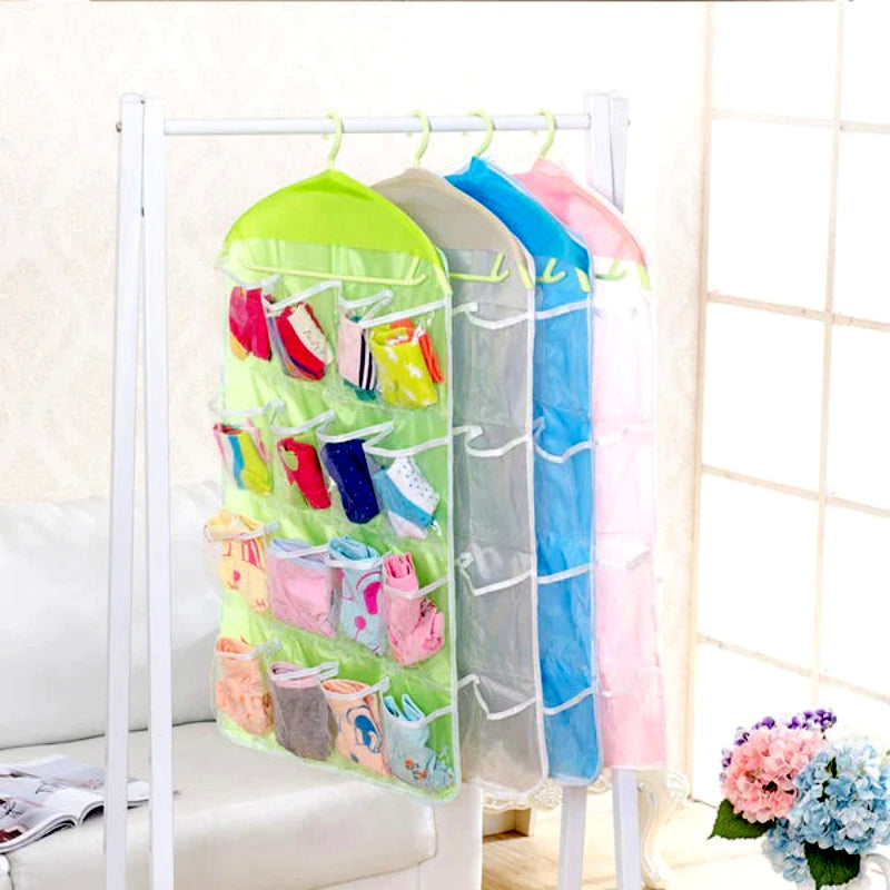 16-Pocket Multifunctional Hanging Organizer – Clear Door/Wall Storage Bag for Baby Clothes, Socks & Accessories