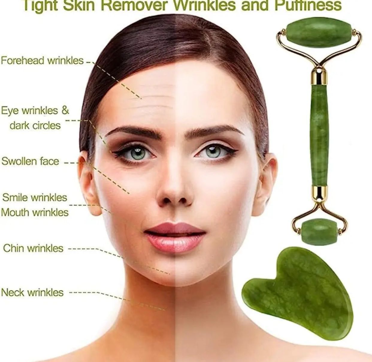Natural Jade Roller & Gua Sha Set - Anti-Aging Face Massager