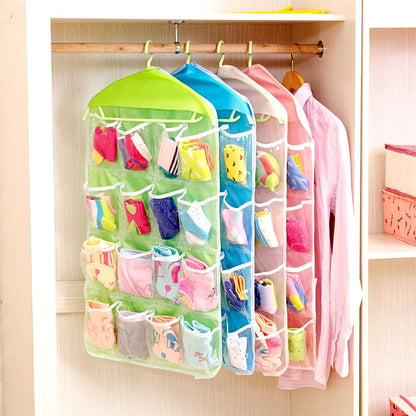 16-Pocket Multifunctional Hanging Organizer – Clear Door/Wall Storage Bag for Baby Clothes, Socks & Accessories