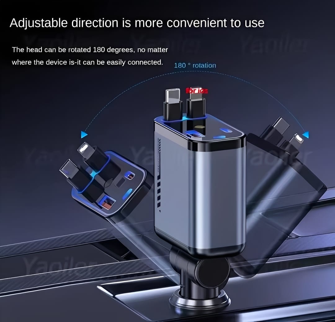 C6 4 in 1 Car Fast Mobile Charger 20W | Star Roof Lamp + Dual Retractable Cable