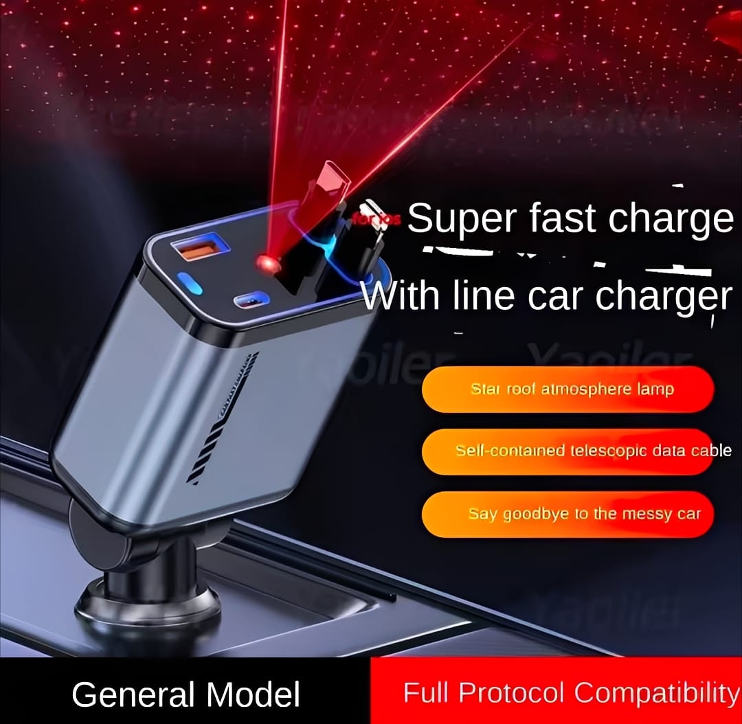 C6 4 in 1 Car Fast Mobile Charger 20W | Star Roof Lamp + Dual Retractable Cable