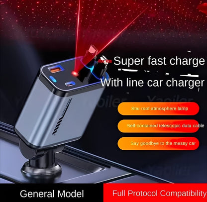 C6 4 in 1 Car Fast Mobile Charger 20W | Star Roof Lamp + Dual Retractable Cable