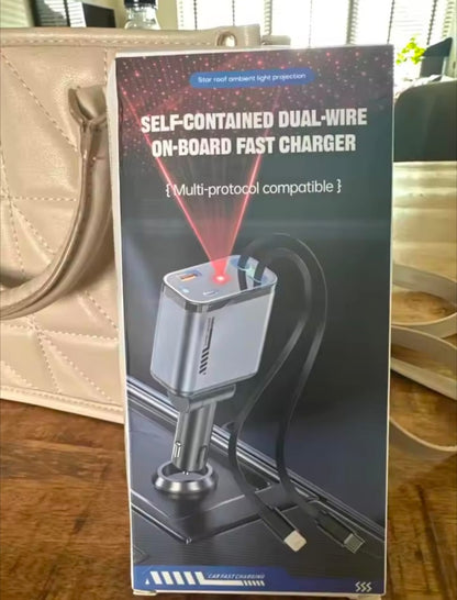 C6 4 in 1 Car Fast Mobile Charger 20W | Star Roof Lamp + Dual Retractable Cable